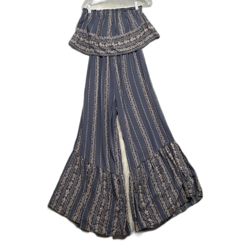 Japna Women Sz S Jumpsuit Off Shoulder Wide Leg Blue Floral Print Bell Pants